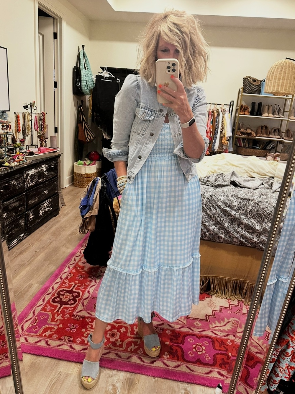 Light Blue Gingham Tiered Smocked Midi Dress